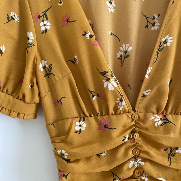 Urban Outfitters Deadstock XS Mustard Yellow Floral Summer Mini Dress - Picture 2 of 2